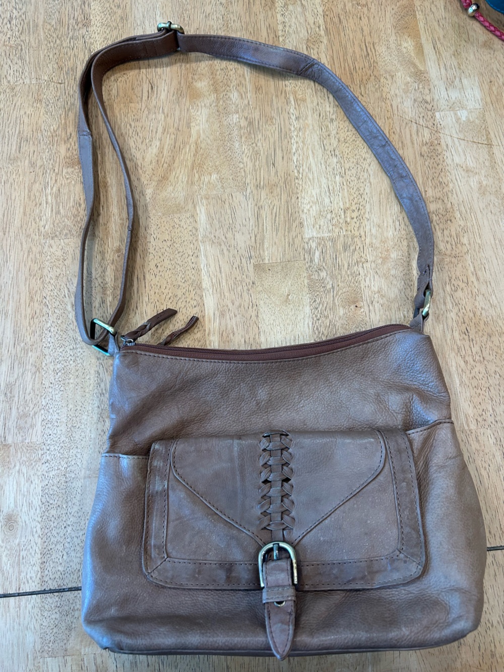 American Leather Brown Leather Crossbody Bag with Braided Detail